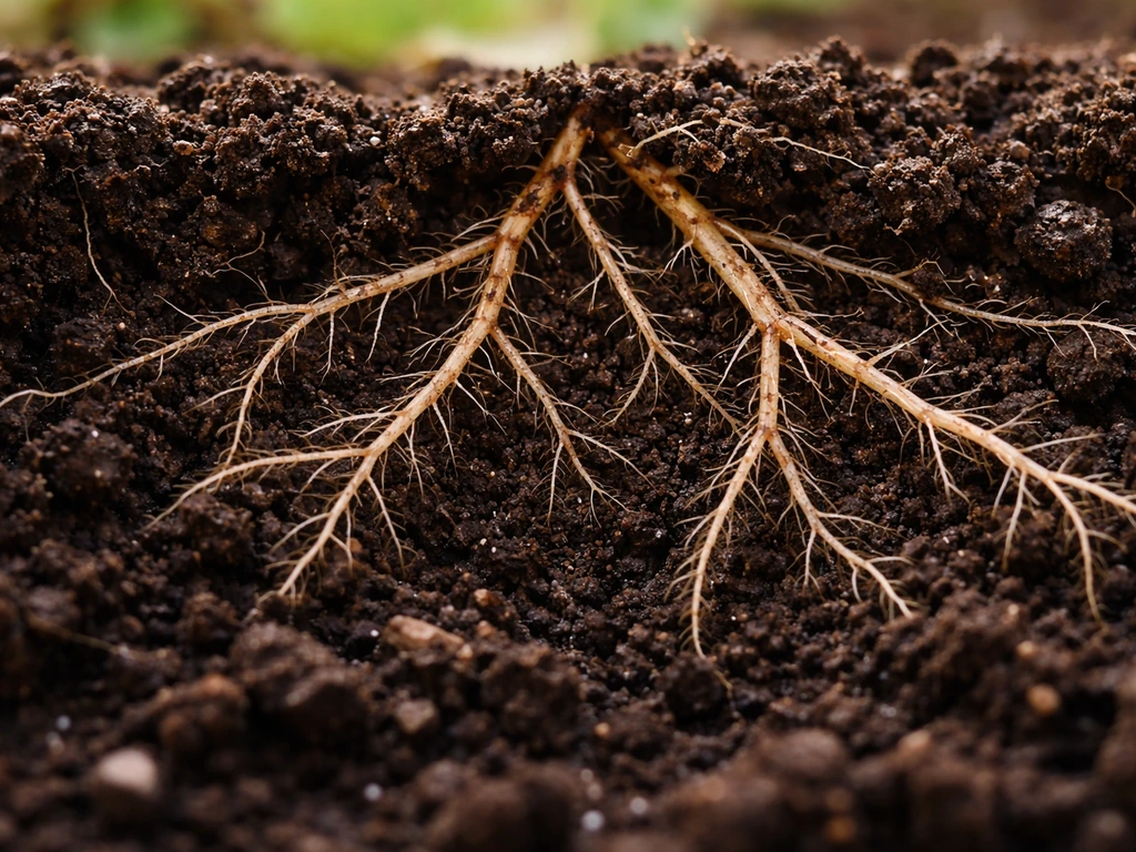 Macro cross-section of healthy root hairs branching into rich, aerated soil.