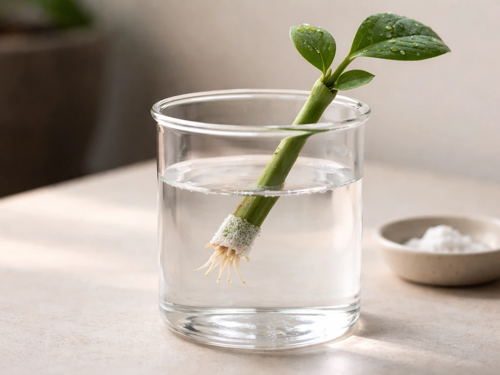Cut stem in a small container with rooting gel on the cut end, roots starting to form in soft natural light.