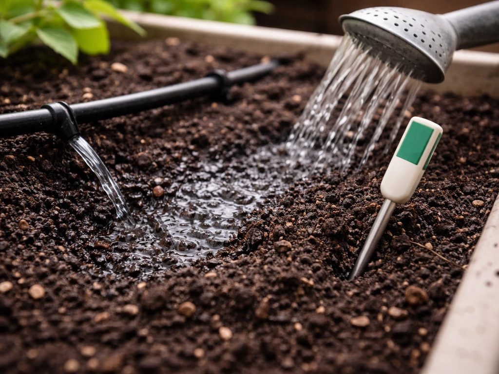 Watering can or drip line delivers water into a container bed; soil shows saturation and moisture probe nearby.