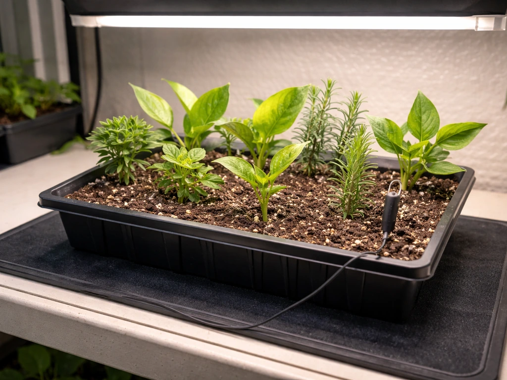 Propagation cuttings in a tray on a rooting mat under an overhead grow light in a controlled setting.
