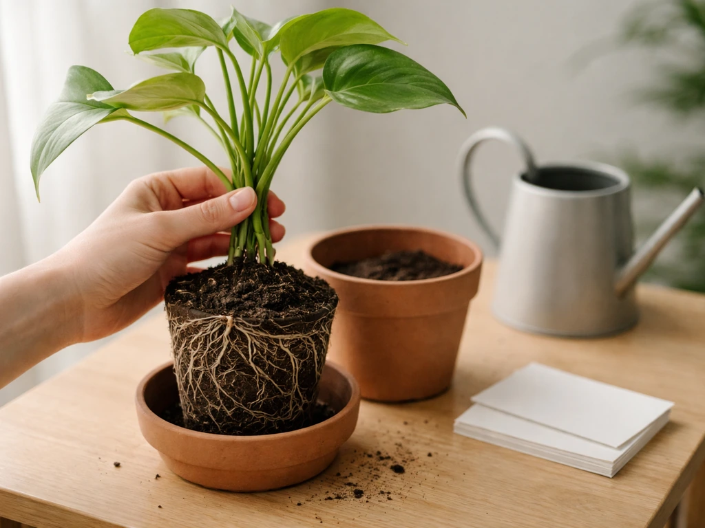 Plant in a pot with visible roots circling, hand adjusting it on a wooden table with blank cards and watering can.