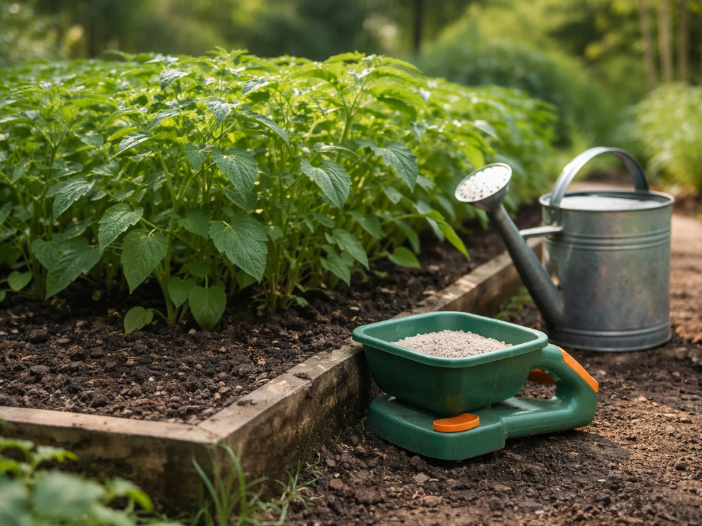 Healthy taller plants in a home garden with a fertilizer spreader and watering can nearby