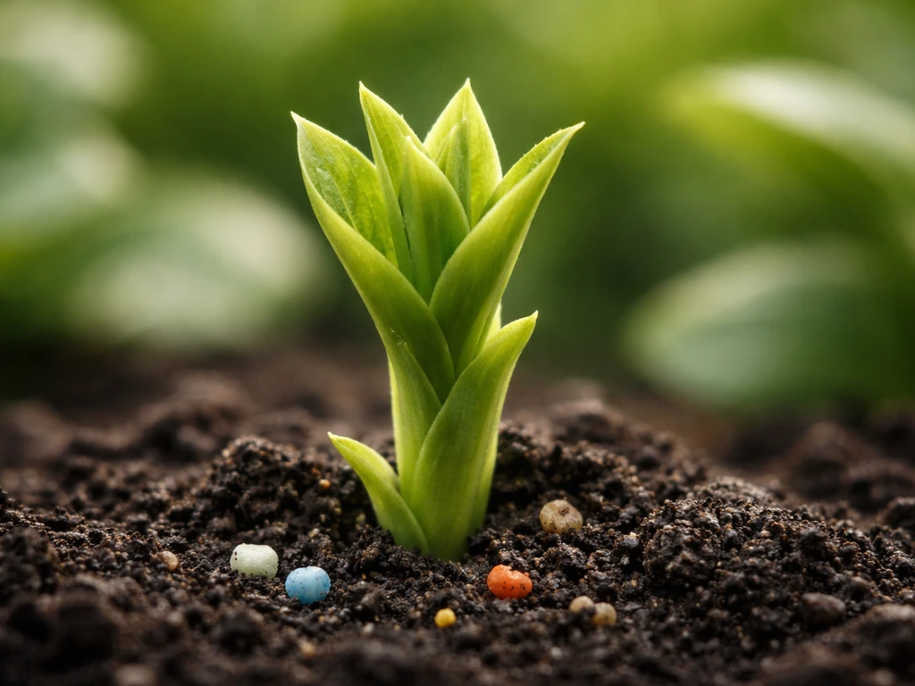 Closeup of a plant shoot tip with fresh green leaf growth, nutrient-rich soil in the background