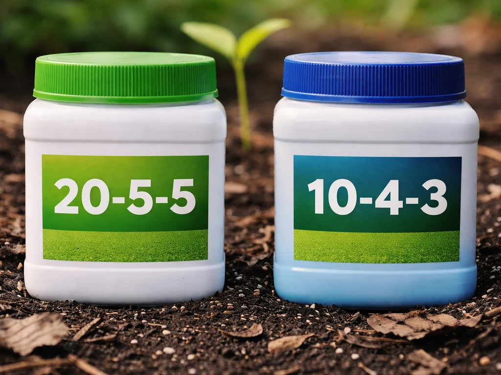 Two fertilizer containers side-by-side with visible NPK ratios and a small sprout in soft background.