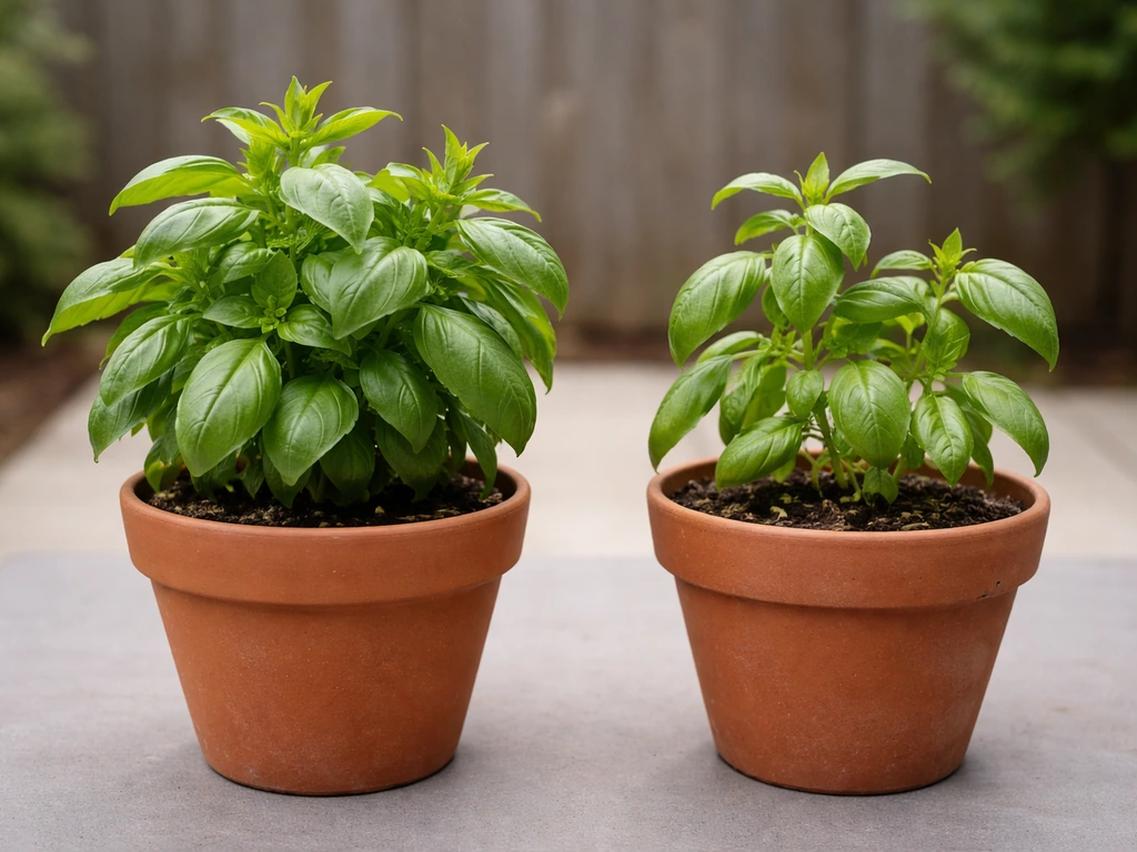 Two side-by-side potted plants: one lush with new growth and one smaller with limited new leaves