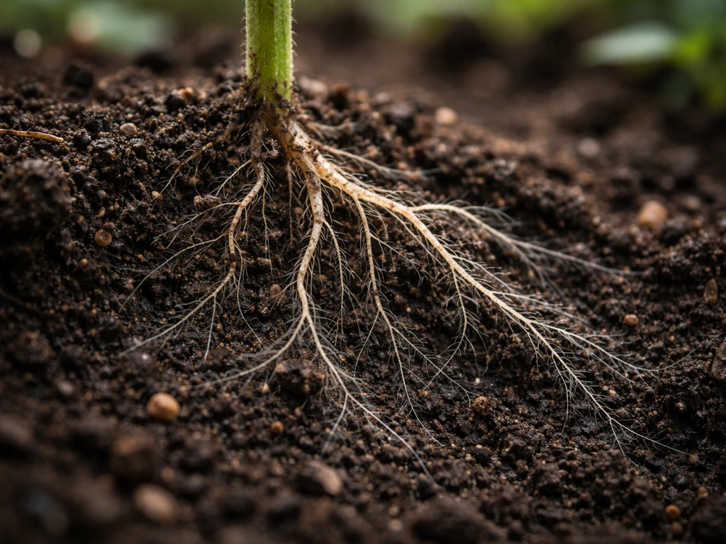 Close-up of plant roots in dark soil with faint mycorrhizal threads glowing, garden-focused and realistic.