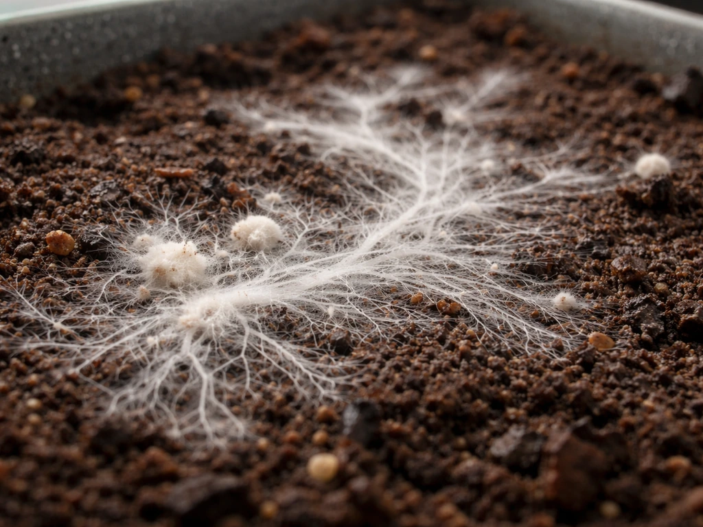 Macro close-up of white mushroom mycelium threads growing on moist compost substrate.