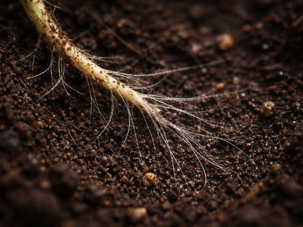 Macro photo of plant roots with fine mycorrhizal hyphae threading into dark soil toward nutrients and moisture.
