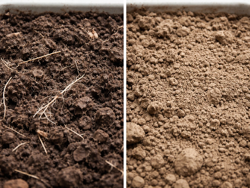 Close-up side-by-side soil comparison: crumbly hyphae-rich aggregates versus compacted dense soil.