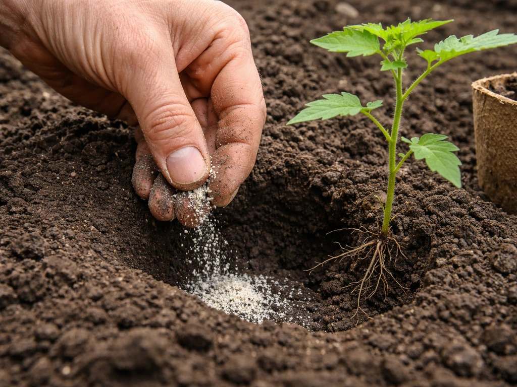 Gardener applying mycorrhizal inoculant beside a new seedling’s roots in prepared garden soil