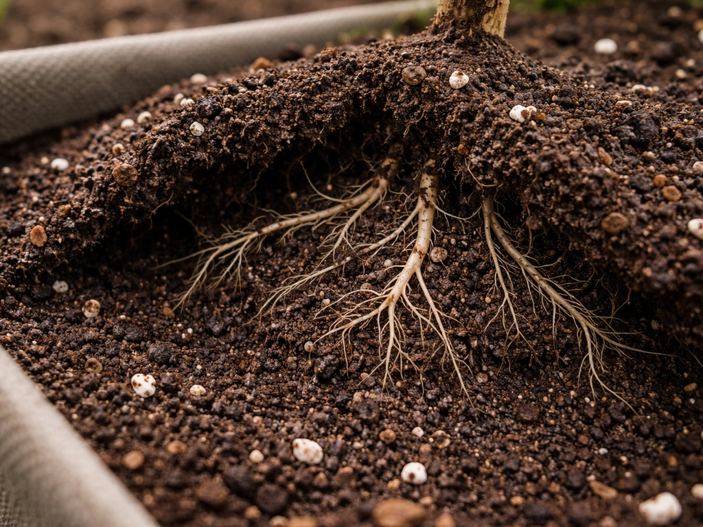 Close-up of container-bed soil and healthy roots with moist, well-structured earth suggesting colonization