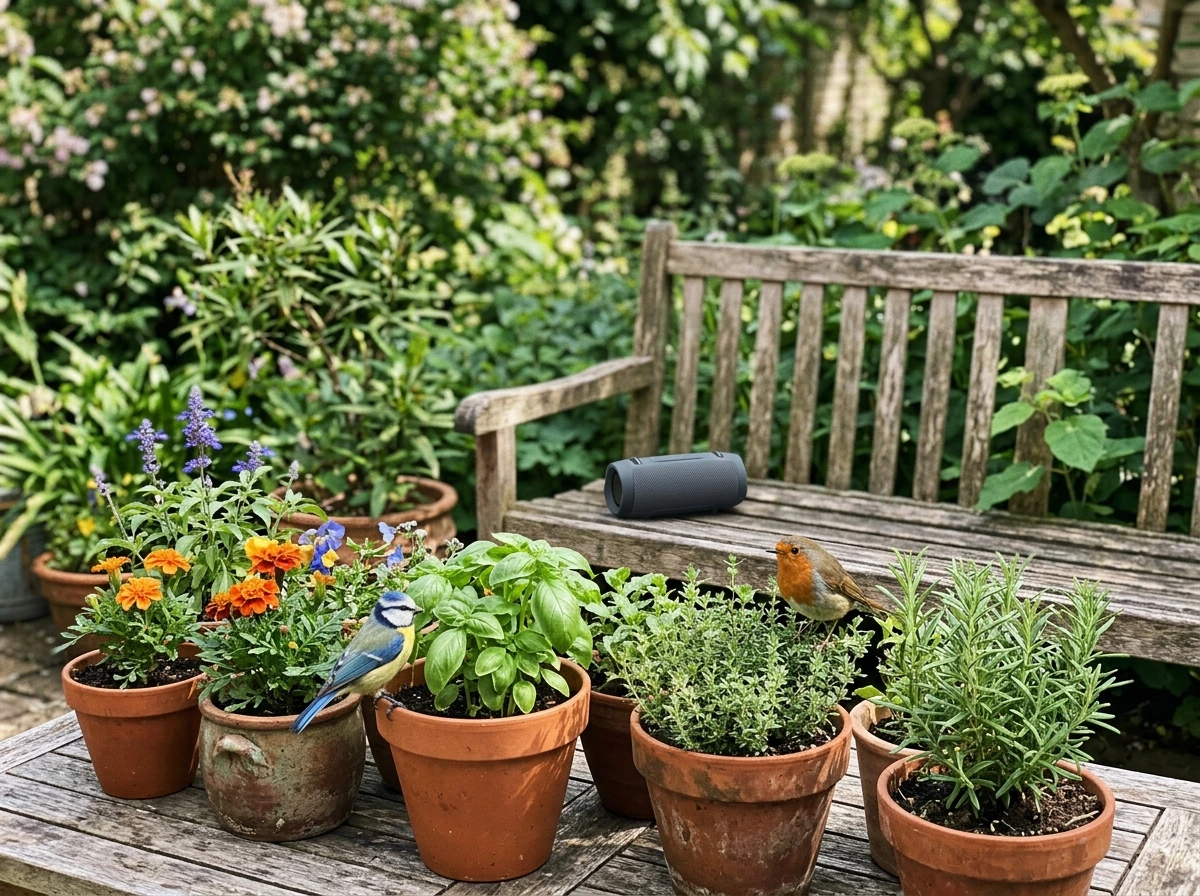 Garden plants with birds perched and a speaker set near them, contrasting chirping vs real factors.