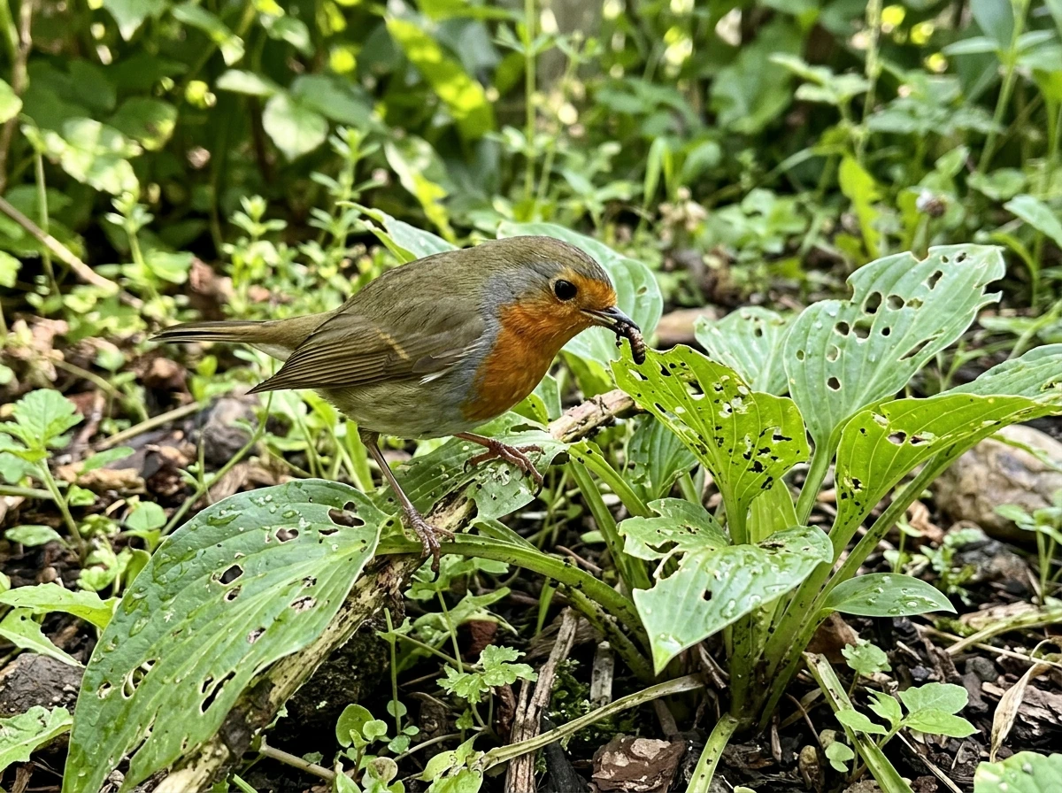 Insectivorous bird eating an insect on garden leaves