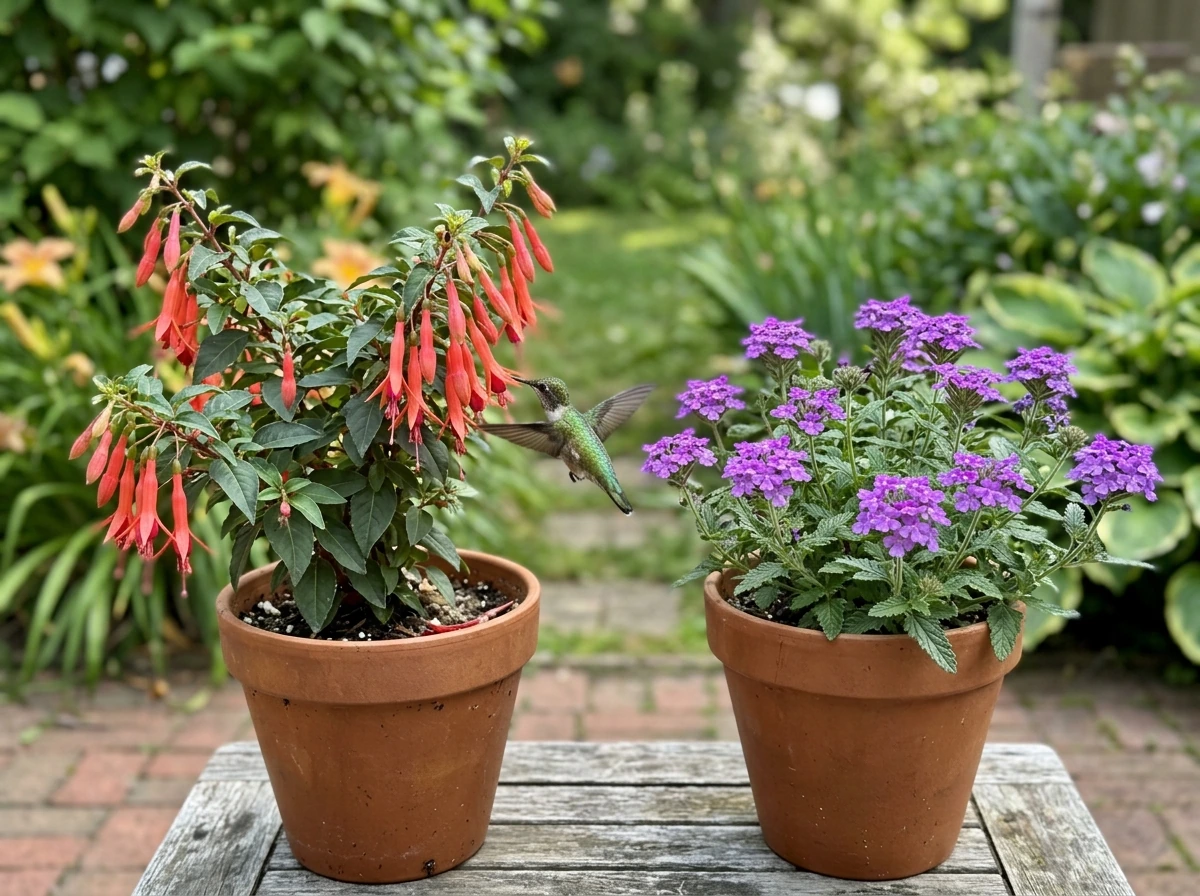 Hummingbird feeding on the right flowering plant species