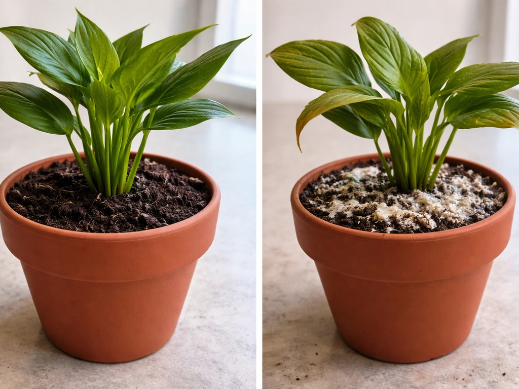Side-by-side plants: one in clean moist soil, the other stressed with pale residue on milk-treated soil.