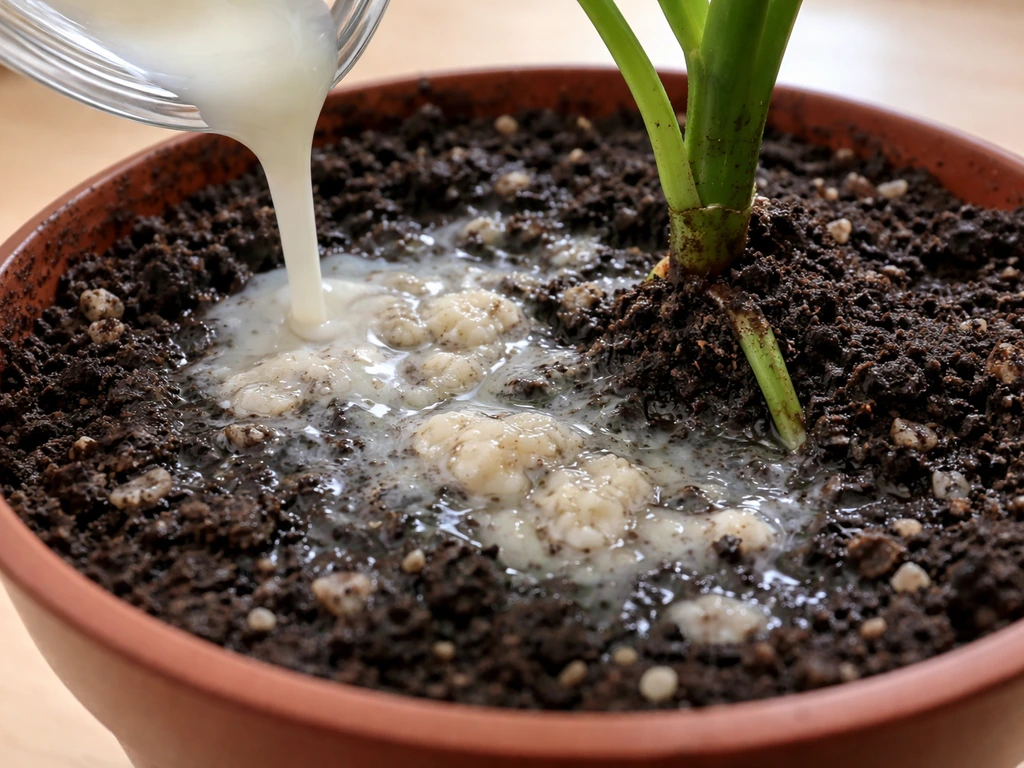 Milk poured into potting mix forming curd-like scum over dark soil near a visible root tip.