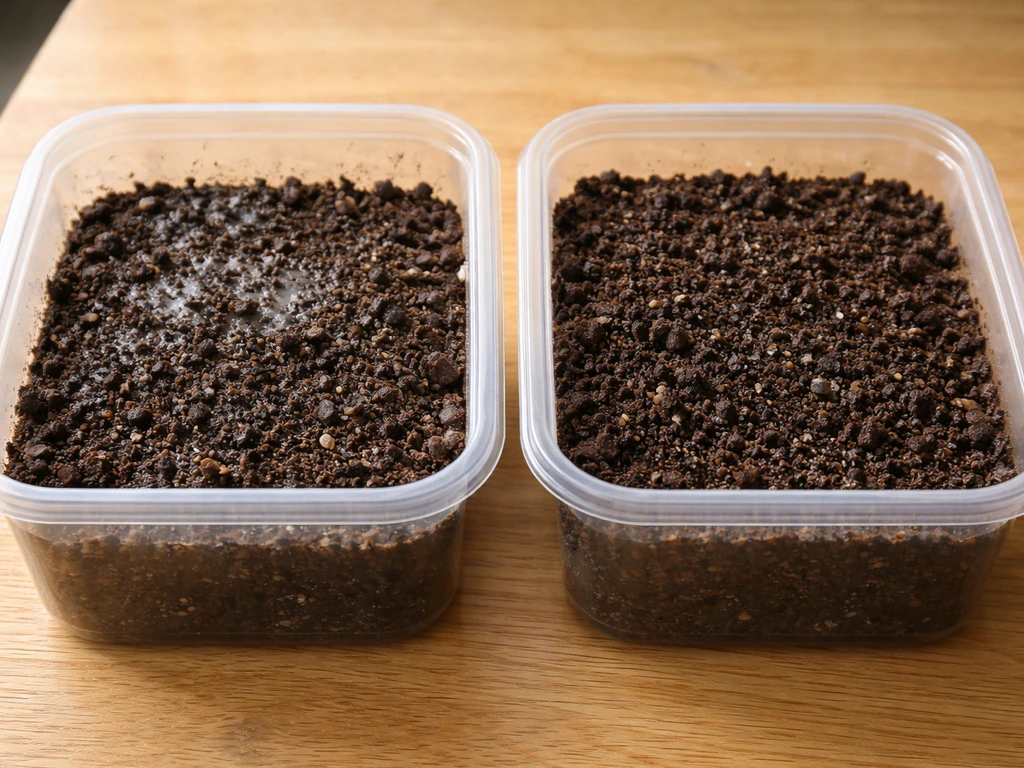 Two small garden soil containers: one with a milky residue and grayish film, one with clean soil and water.