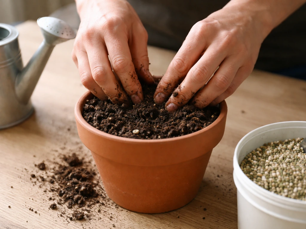 Hands mixing finished compost into potting mix with a watering can and unlabeled fertilizer nearby.