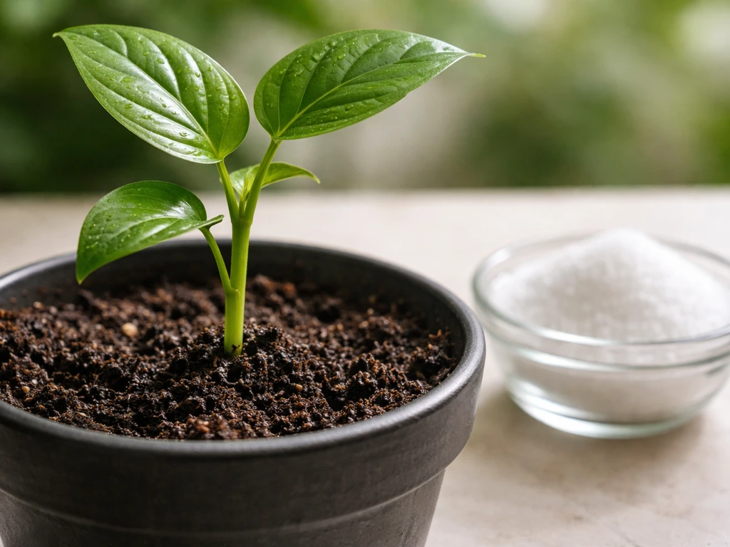 Close-up of a healthy potted plant in soil with a small glass bowl of Epsom salt nearby.