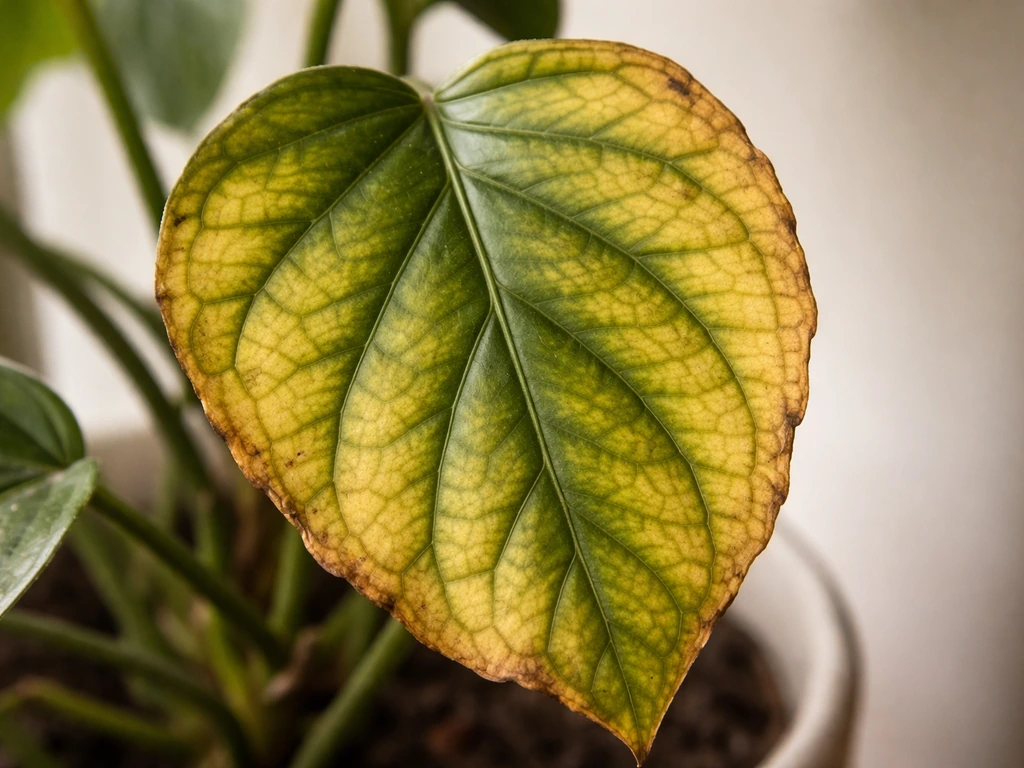 Macro close-up of a plant leaf with yellow tissue between green veins showing magnesium deficiency.
