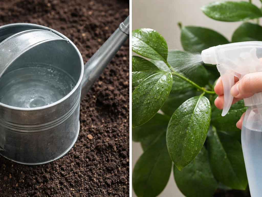 Split scene: watering can with dissolved Epsom salt on soil vs spray bottle misting leaves with diluted solution.