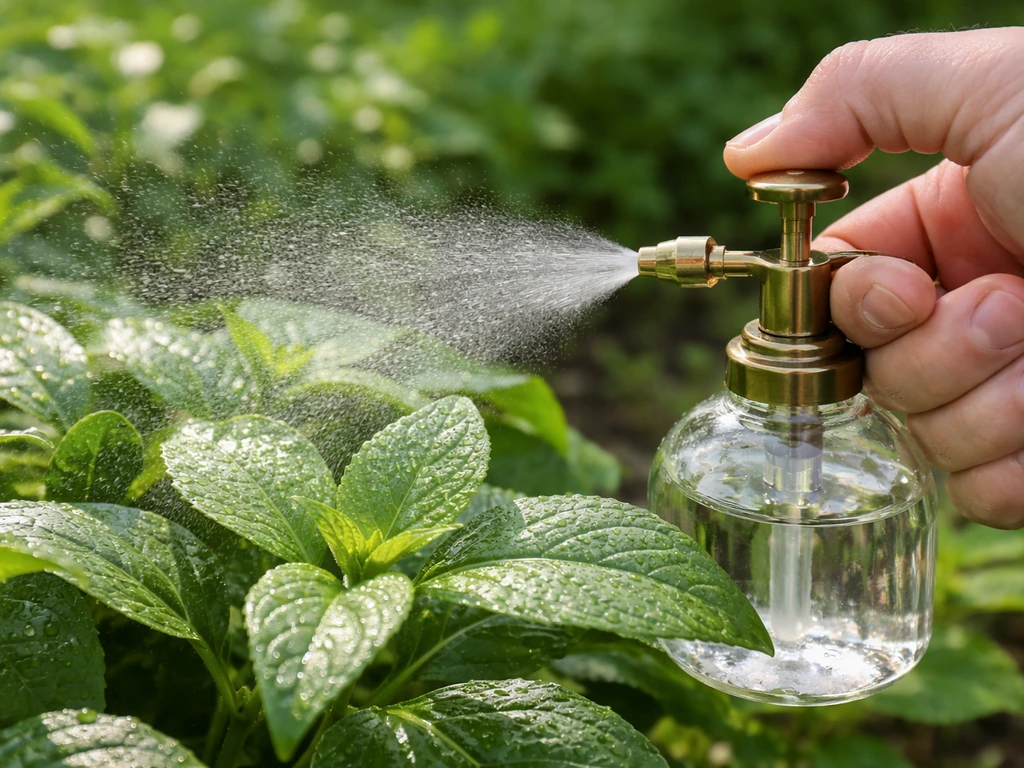Gardener spraying a fine mist of diluted Epsom salt solution onto upper leaf surfaces