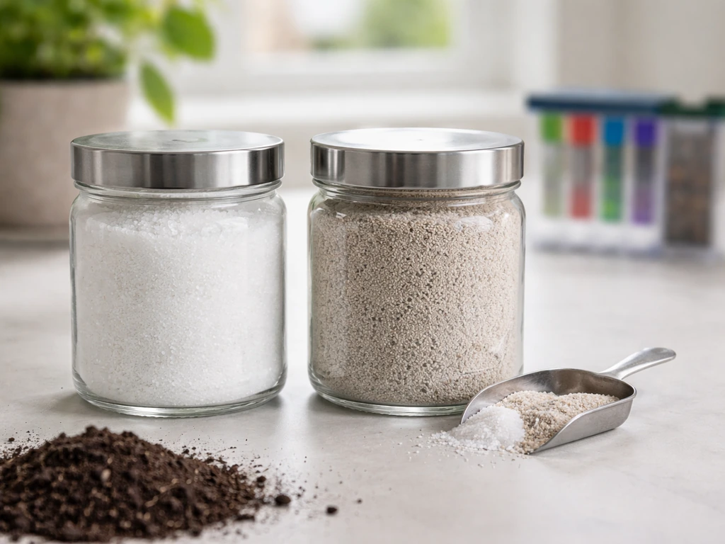 Two text-free containers with white Epsom salt and tan dolomitic lime granules beside dark soil.