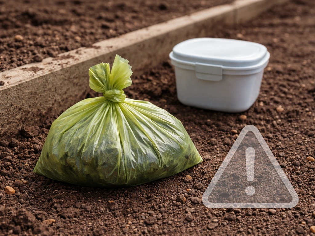 Sealed dog waste bag and closed container beside soil with a caution overlay indicating it’s not reliable fertilizer.