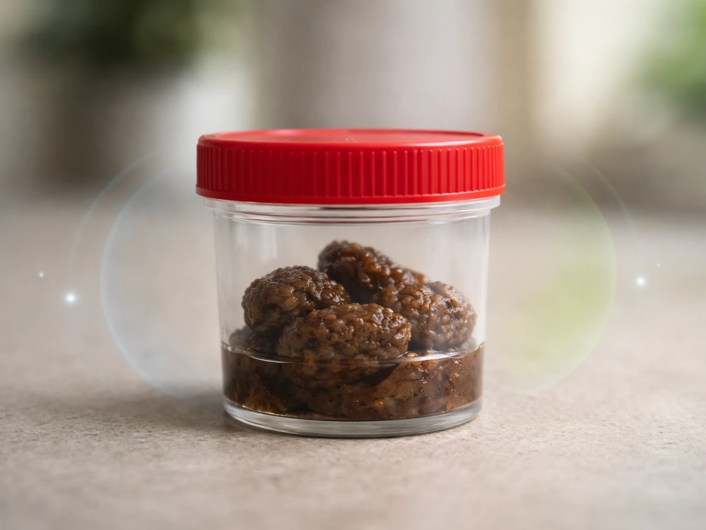 Close-up of dog feces sealed in a clear container with subtle colored halos indicating composition.