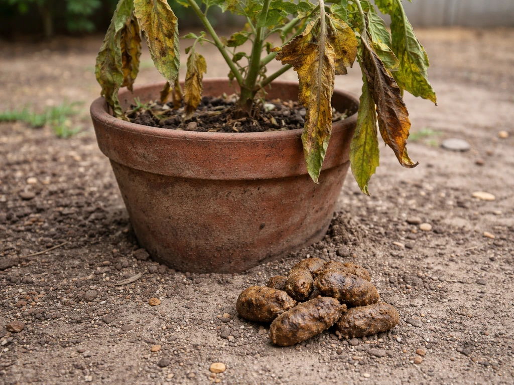 Wilted plant beside dog waste on bare soil, showing harm from direct application.