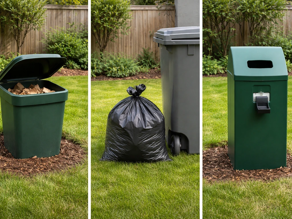Three-panel yard scene showing a composting bin, a sealed trash bag, and a municipal disposal option for dog waste.