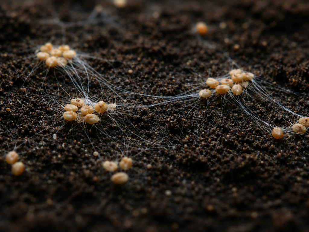 Macro view of orchid seed dust with fine white fungal hyphae threads connecting tiny particles on dark soil.