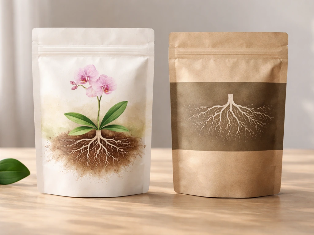 Side-by-side photo of orchid-specific and general mycorrhizal inoculant packs on a clean table.