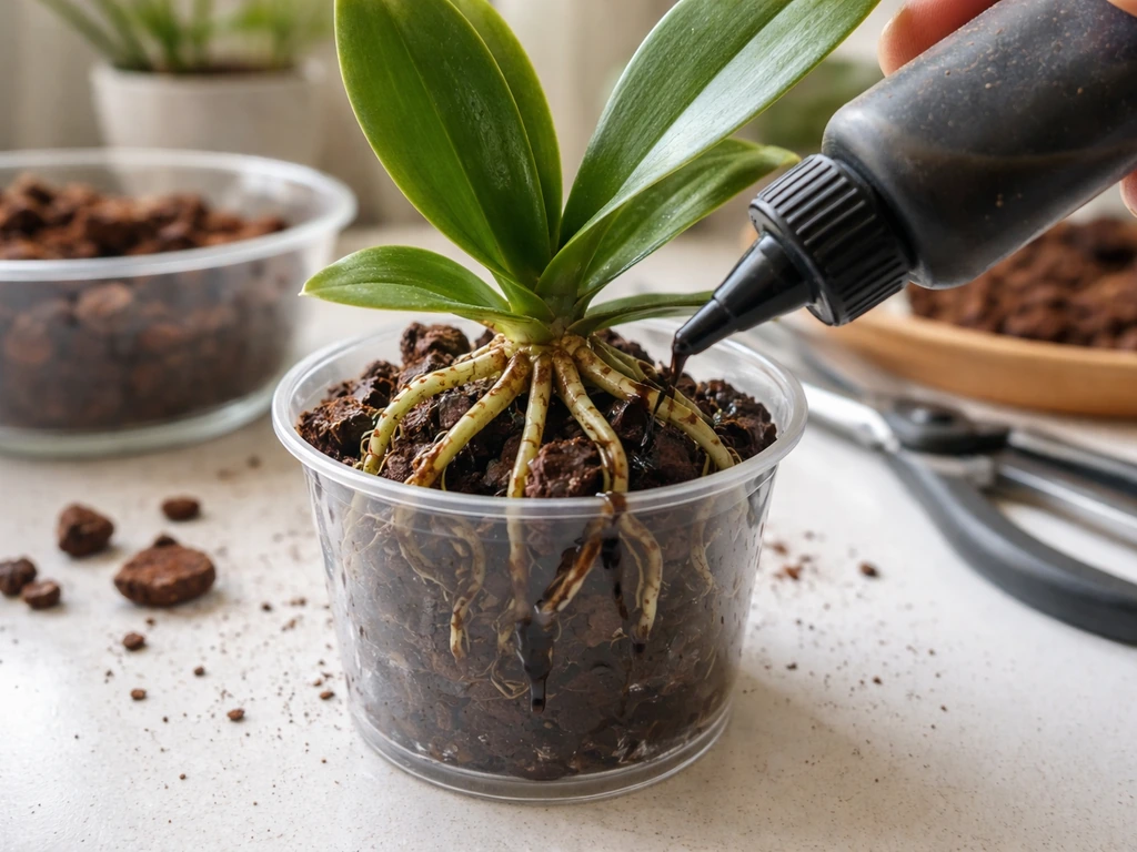 Repotted orchid roots with fungal inoculant slurry being applied with a small squeeze bottle.