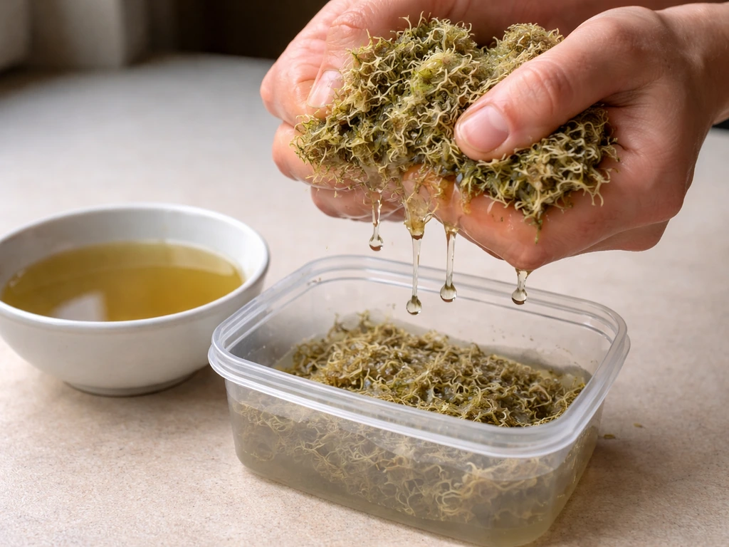 Hand wringing hydrated sphagnum moss over a small container; damp sponge texture with inoculant water.
