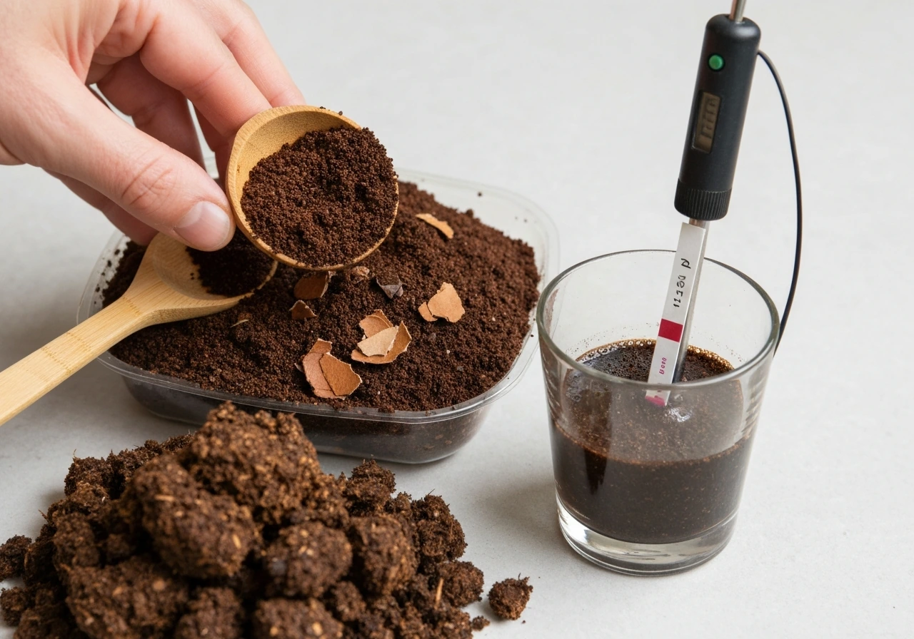 Coffee grounds being added to compost beside soil testing tools and rich dark compost