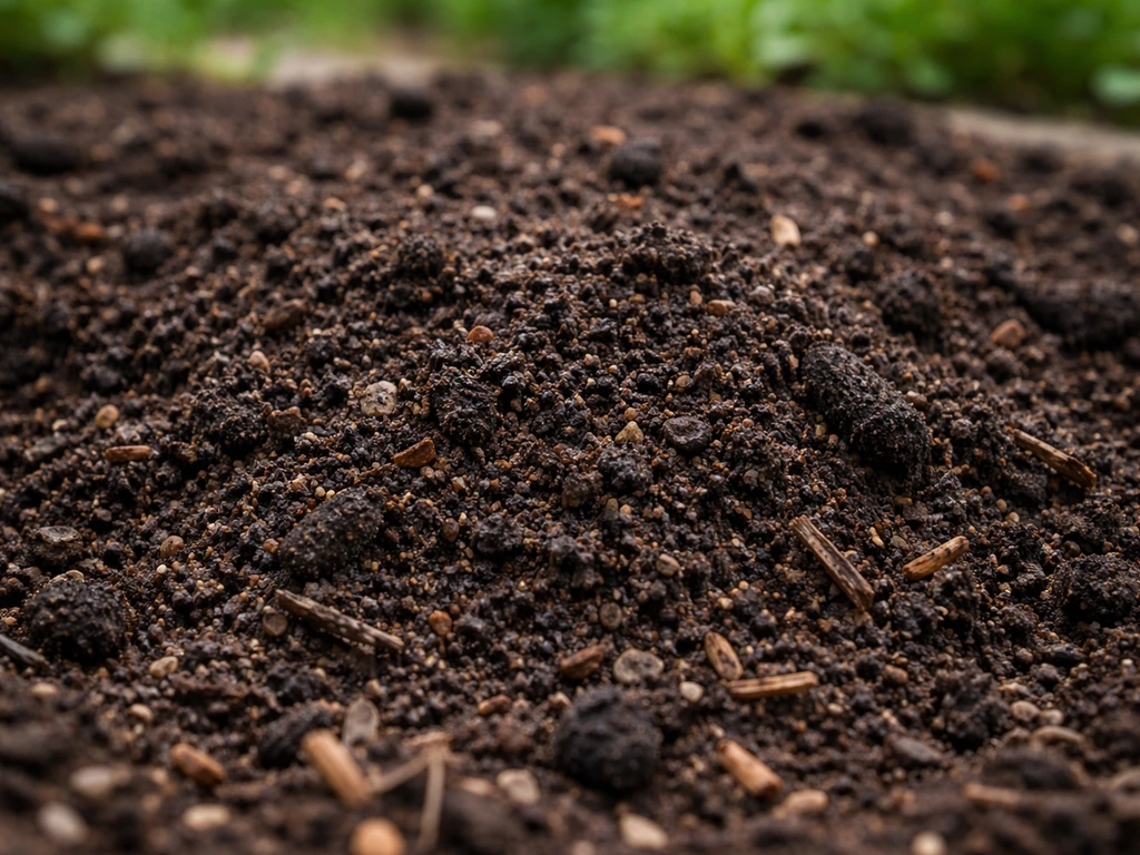 Coffee-ground compost mulch layer with dark, moist soil texture suggesting active microbial activity.