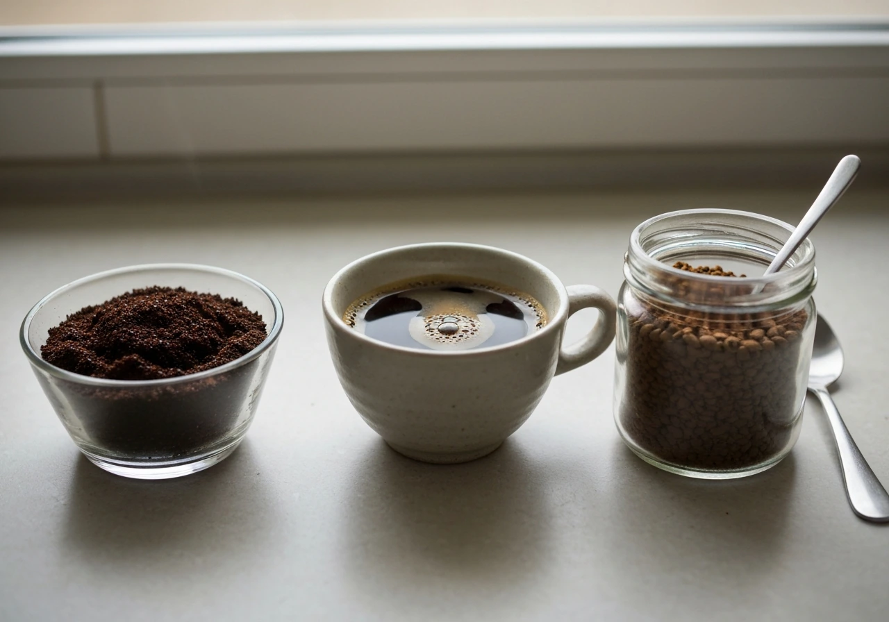 Three small containers side-by-side: wet spent grounds, brewed coffee in a cup, and instant coffee granules.