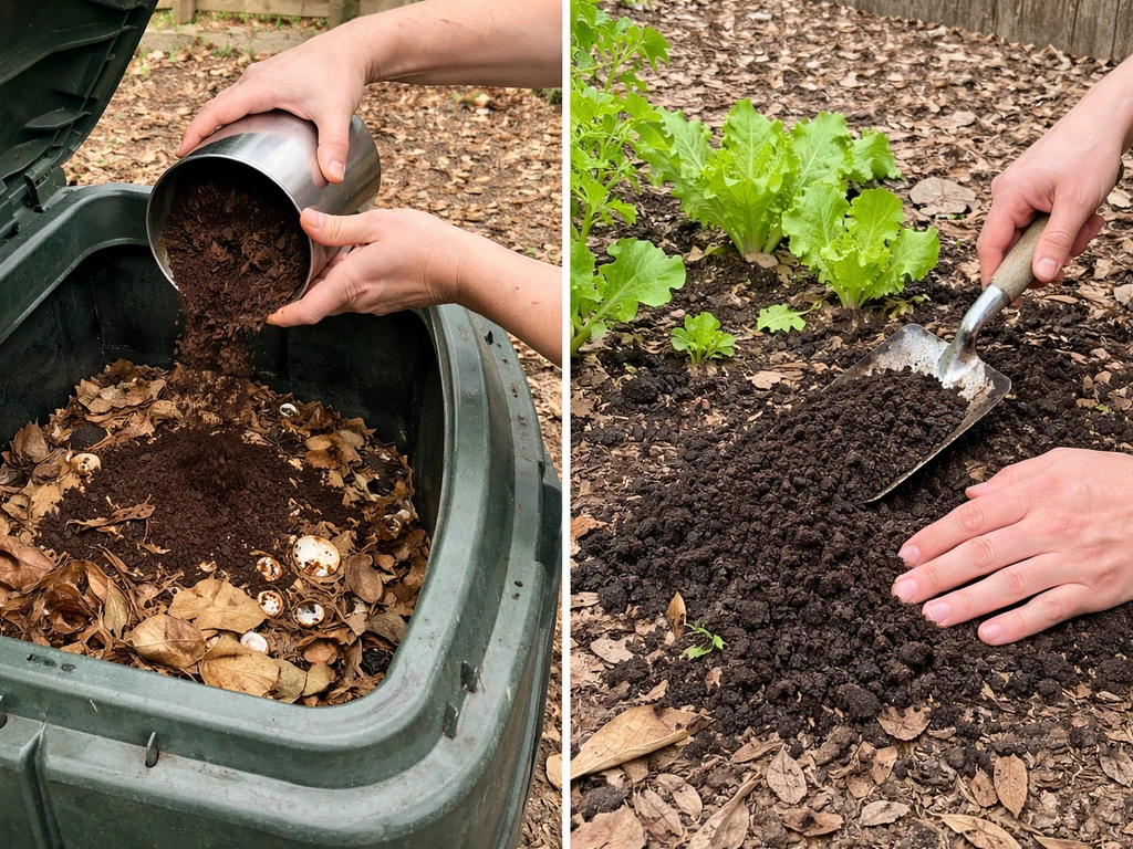 Person mixing spent coffee grounds into a compost bin with dry leaves, then spreading finished compost on soil.