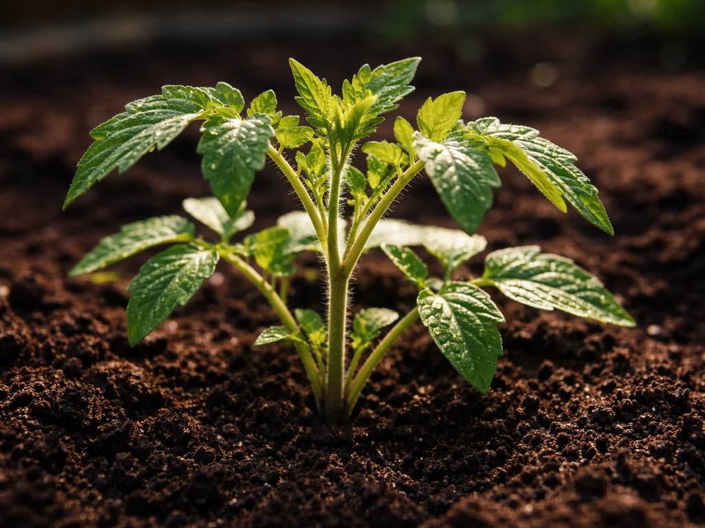 Close-up of healthy young tomato plants in dark rich soil with thick stems and deep green leaves.