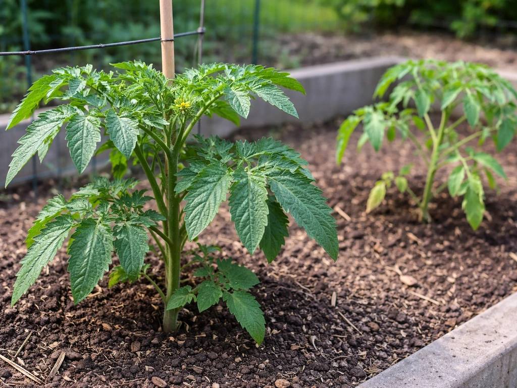 Tomato plants showing vigorous growth with thick stems and deep-green leaves in a simple garden bed