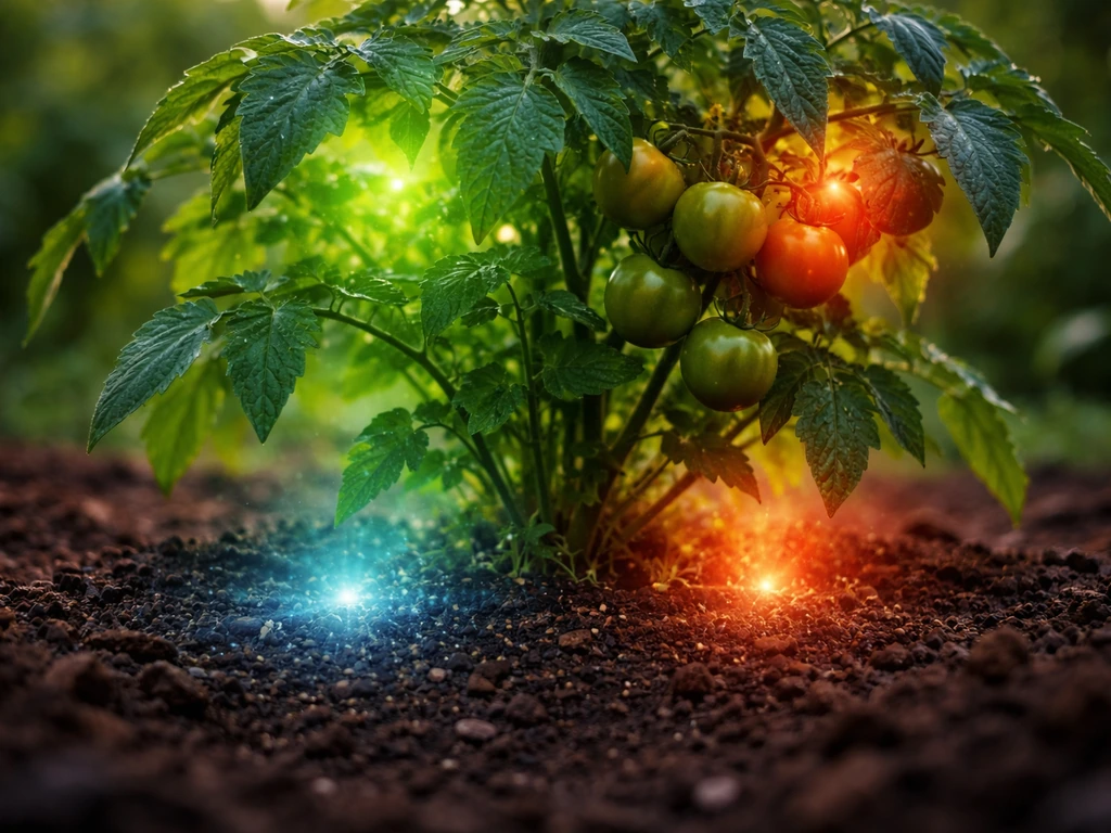 Close-up of tomato plant in a simple garden bed with subtle colored light showing nutrient flow to roots, leaves, and fr