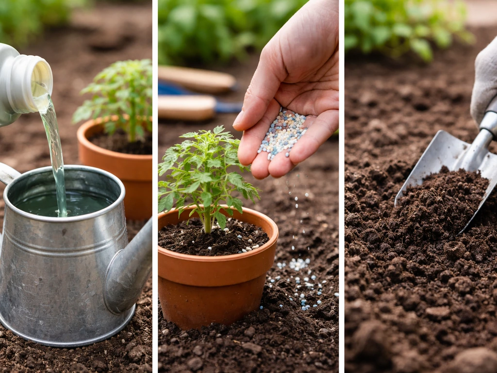 Three-panel photo-style scenes showing liquid feed, granular fertilizer, and compost being added to plants and soil.