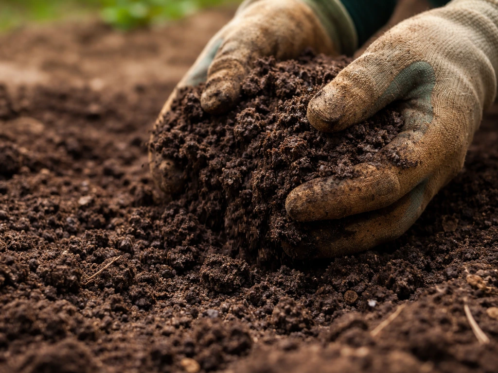 Close-up of dark crumbly composted manure mixed into rich garden soil.