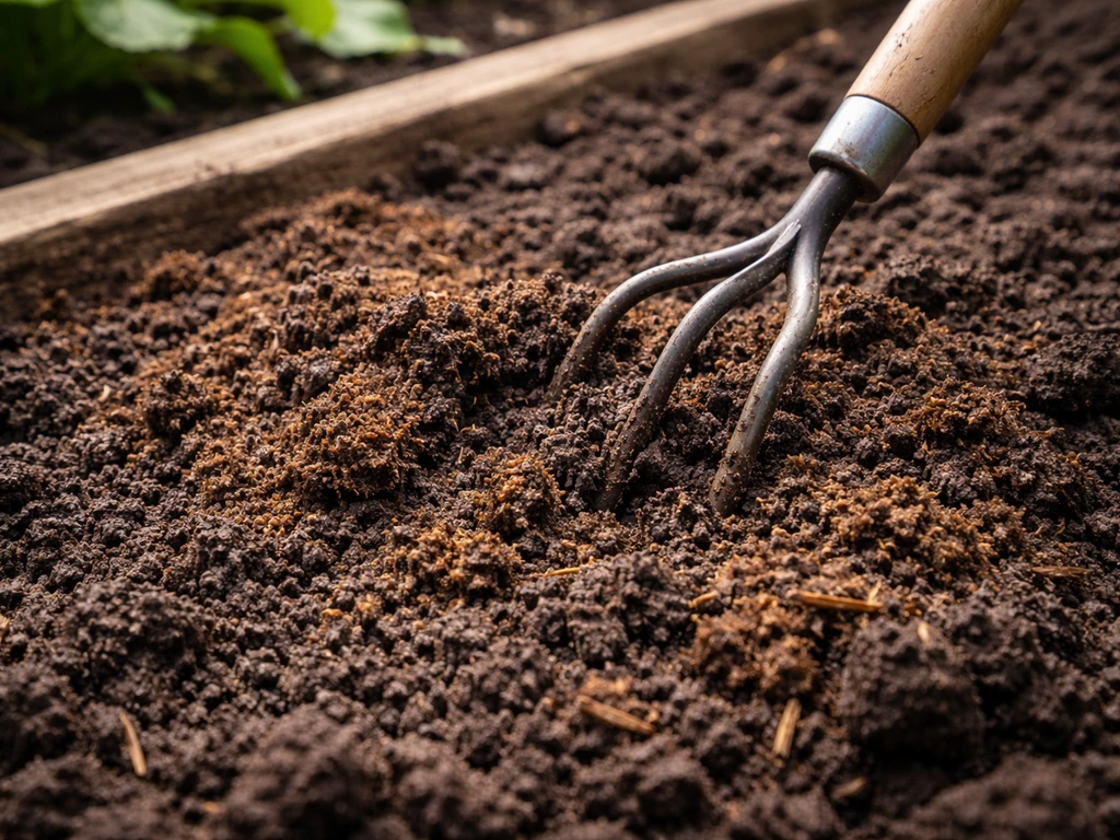 Gardener mixing composted manure into dark soil in a garden bed with visible soil particles