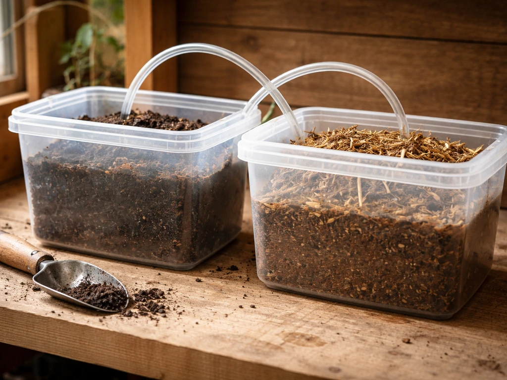 Minimal staged soil and clear containers with liquid drips suggesting manure nitrogen becoming plant-available.