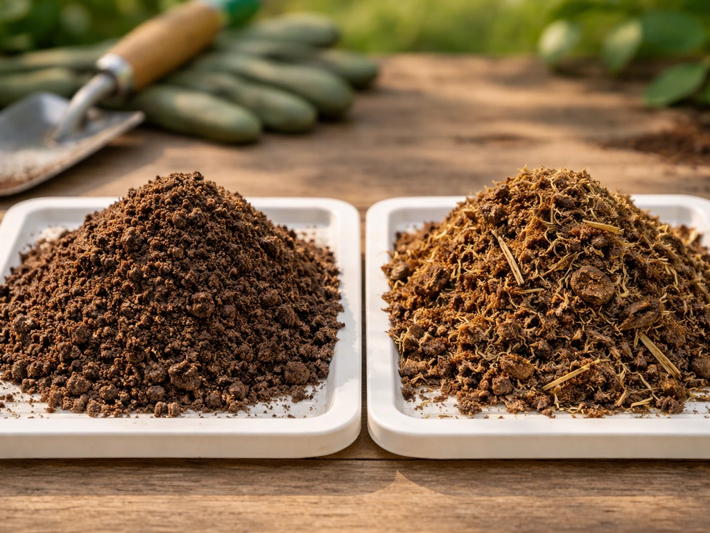 Two side-by-side manure samples showing finer compost texture versus fresher, coarser material.