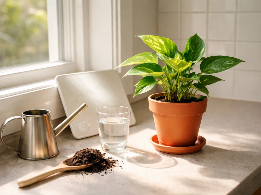 Sunlit windowsill with a healthy potted plant and everyday items like soil, watering can, water glass, and reflector.