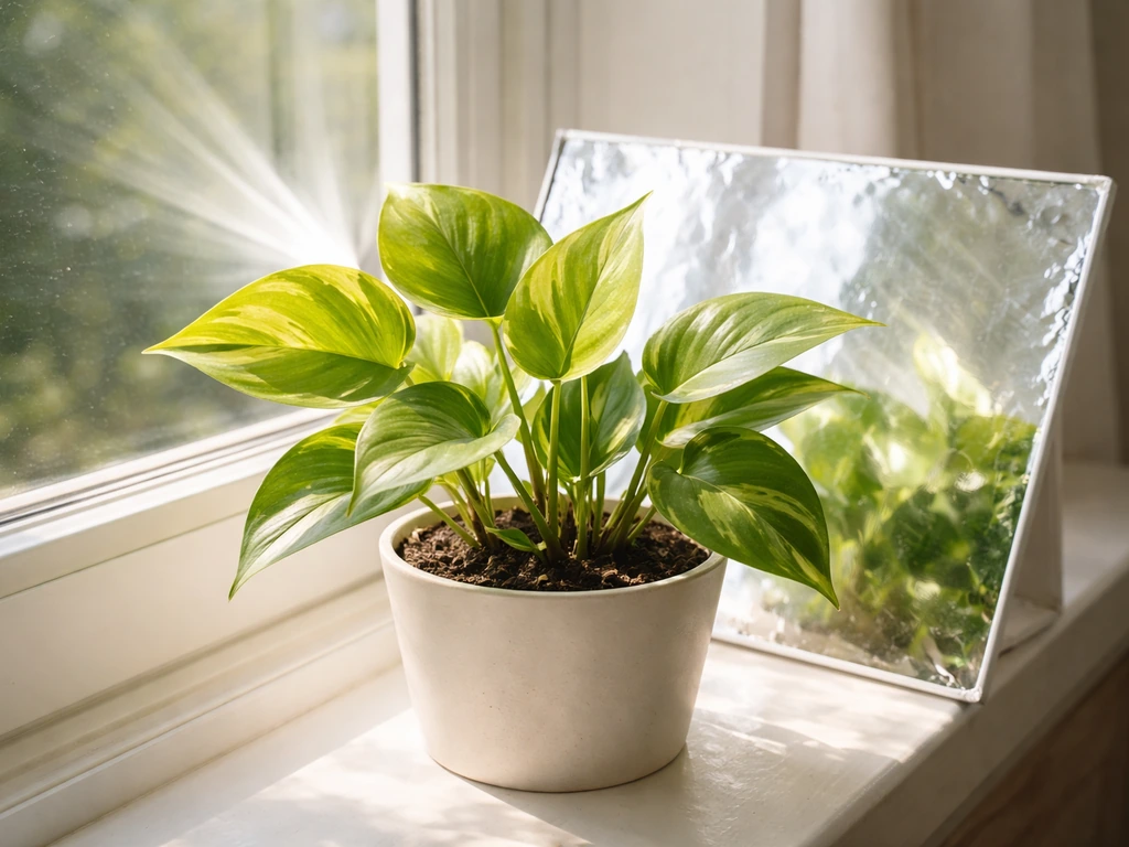 A potted plant on a windowsill with a reflective mirror behind it to boost daylight.