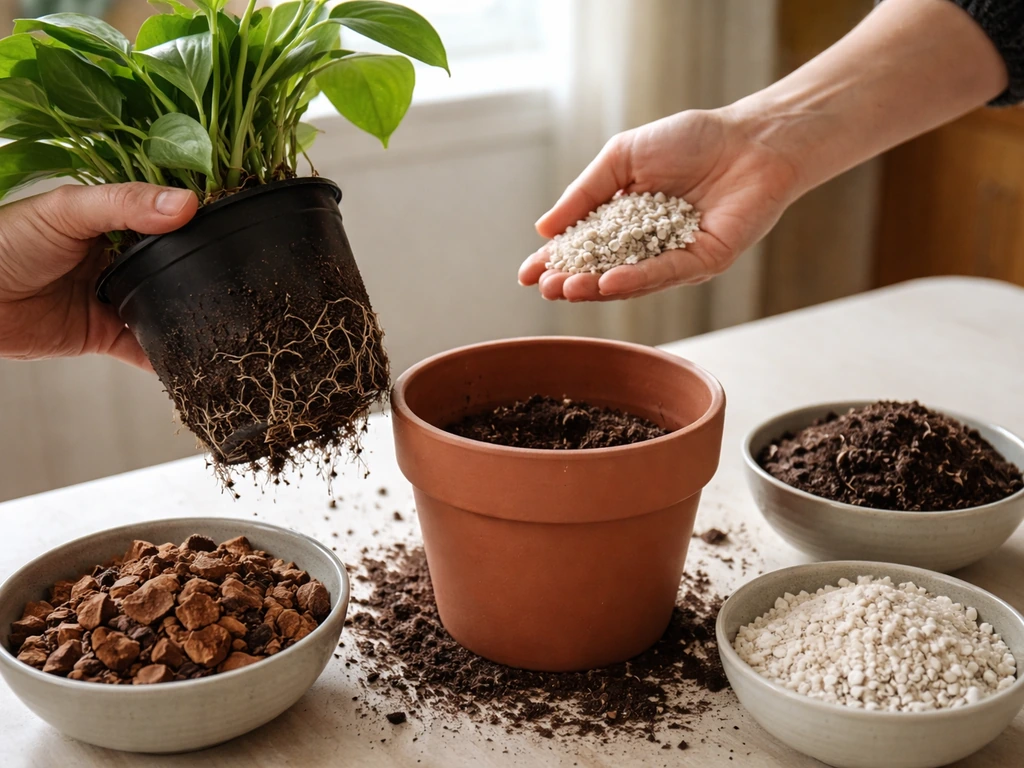 Houseplant being repotted into a pot with improved drainage mix components on a simple table